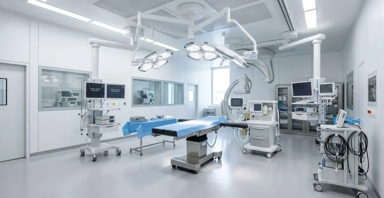 Vue grand angle d'un bloc opératoire vide et stérile aux murs blancs immaculés, éclairé par des rampes LED chirurgicales au plafond