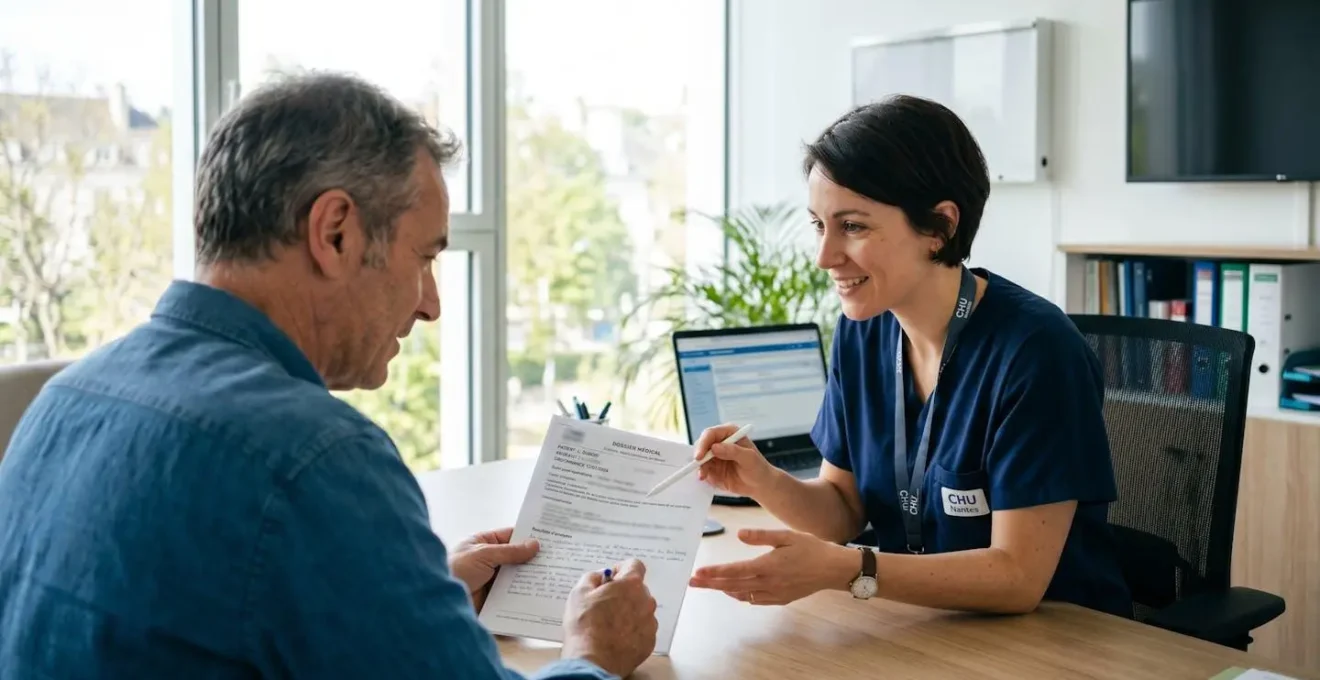 Un chirurgien et une patiente consultent ensemble un dossier médical dans un cabinet moderne éclairé par la lumière naturelle d'une grande baie vitrée