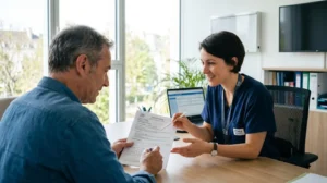 Un chirurgien et une patiente consultent ensemble un dossier médical dans un cabinet moderne éclairé par la lumière naturelle d'une grande baie vitrée
